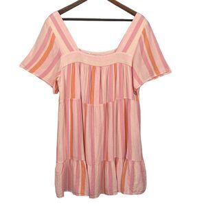 Rails Valentina Dawn Stripe Dress Women Size L Pink‎ Square Neck Tiered A-Line